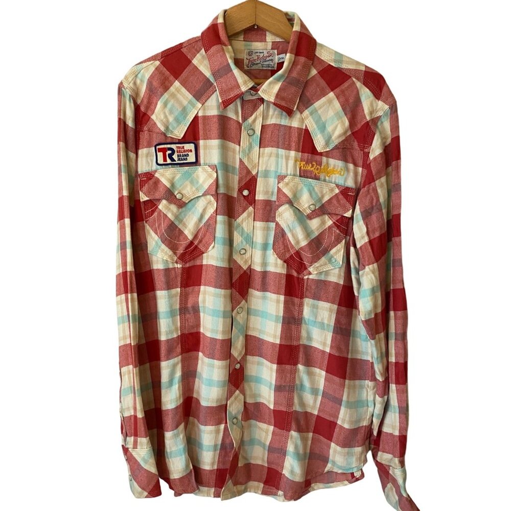 Men’s True Religion Plaid Motorcycle Club Flannel Snap Up Shirt Size XXL